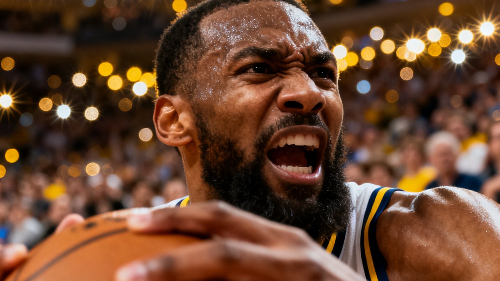 NBA总决赛现场高清直播信号，球员激烈对抗特写，背景为观众席闪光灯